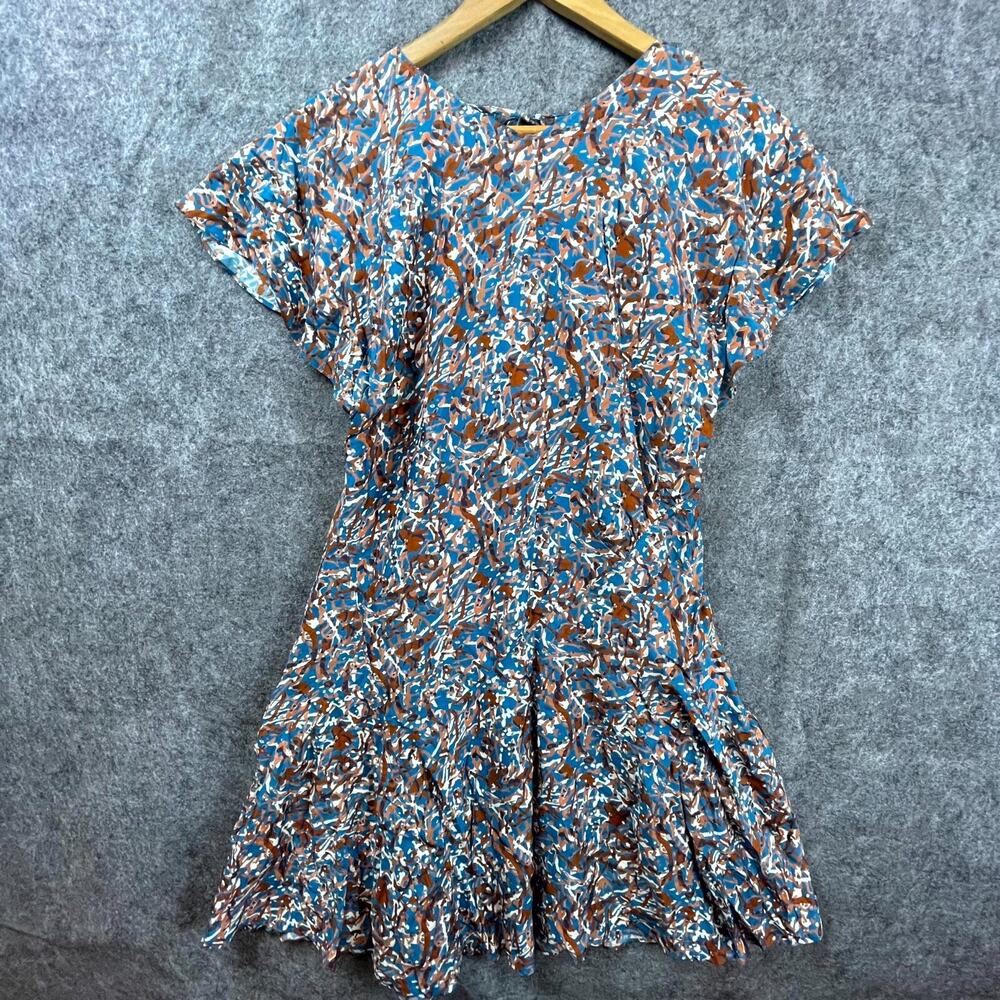 Joie Hunter Mini Dress Womens 8 Fjord Blue Brown Abstract Artsy Splatter